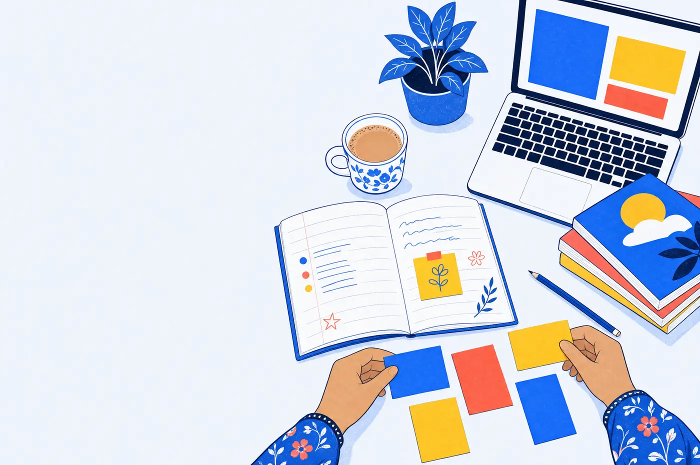 Ilustrasi meja guru dengan buku latihan, komputer riba dan kad berwarna